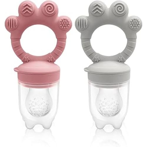 Baby Solids/Frozen Fruit Feeder Pacifier, Infant Teether Toy 4M+, BPA-Free Silicone Pouch & Nipple, Safely Introduce Solids, Teething Relief, 2-Pack (Claw - Pink Grey)