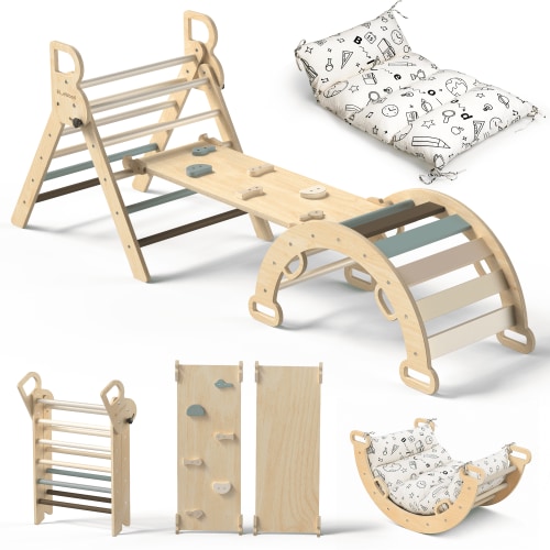 Buballino Pikler Triangle Set, Wood, 6 Months to 6 Years Children, 150 lb Load, 4 Piece, 8 in 1, Foldable