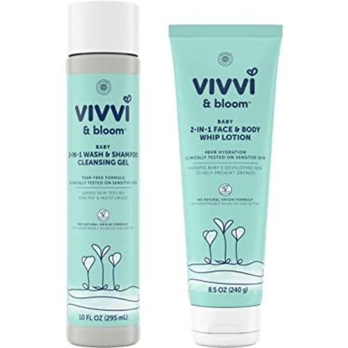 Vivvi & Bloom Gentle 2-in-1 Baby Wash & Shampoo Cleansing Gel, 10 fl. Oz with VIVVI & BLOOM Gentle 2-in-1 Baby Face & Body Whip Lotion, 48-Hour Hydration, 8.5 oz
