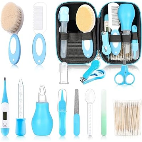 Baby Grooming Kit，Infant Safety Care Setwith Hair Brush Comb Nail Clipper Nasal Aspirator, Baby Essentials Kit for Newborn Girls Boys (14 PC-Blue Kit)
