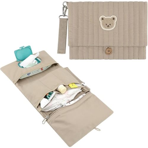 MOMIGO Baby Diaper Bag Organizer Pouches - Waterproof Pod Foldable Diaper Organizer Set, Cute Bear Bag Gift for Baby Shower (Brown)