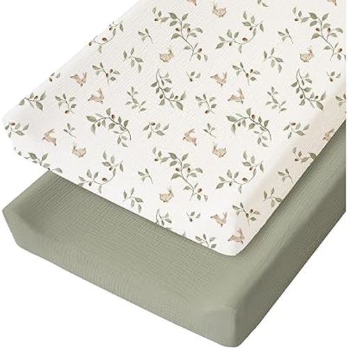 Konssy 2 Pack Muslin Changing Pad Cover for Baby Girls Boys 100% Cotton Fitted Diaper Changing Table Cover Set, Soft Changing Pad Sheets (Rabbit,Fog Green)