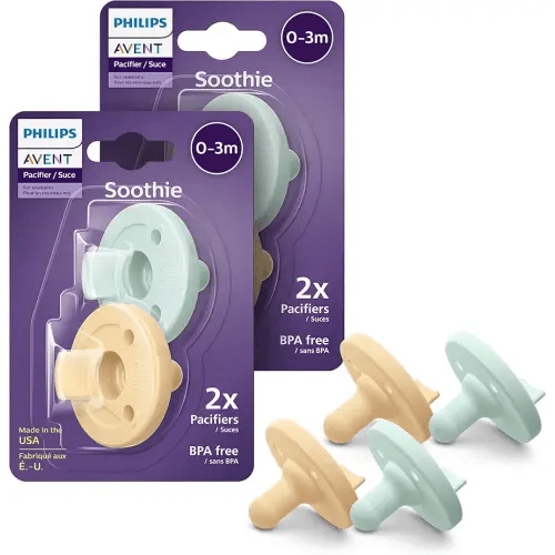 Philips Avent Soothie 0-3 Months Orthodontic Baby Pacifiers, 100% Silicone Pacifiers, One Piece, BPA-Free, 2 Green and 2 Yellow, 4 Pack, Model SCF190/71