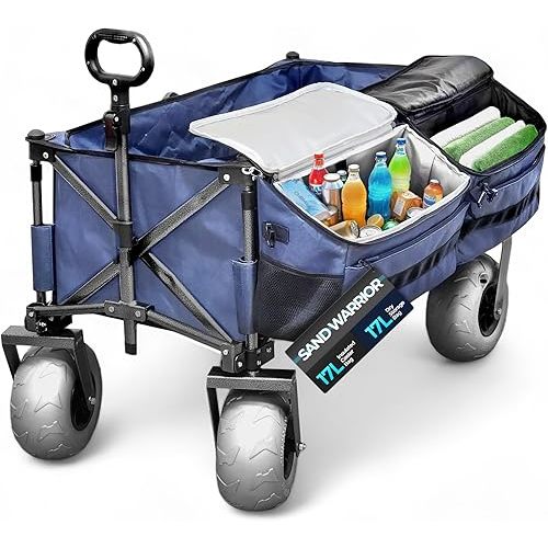 Ultimate Beach Wagon with Big Wheels for Sand and Removable Cooler, Foldable All-Terrain Heavy Duty Folding Cart with Balloon Air Tires, Large Dual-Compartment Outboard Carrier (34L)