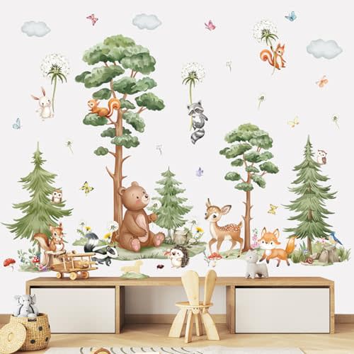 wondever Large Woodland Animal Tree Wall Stickers Forest Animals Bear Deer Dandelion Peel and Stick Wall Art Decals for Baby Nursery Kids Bedroom