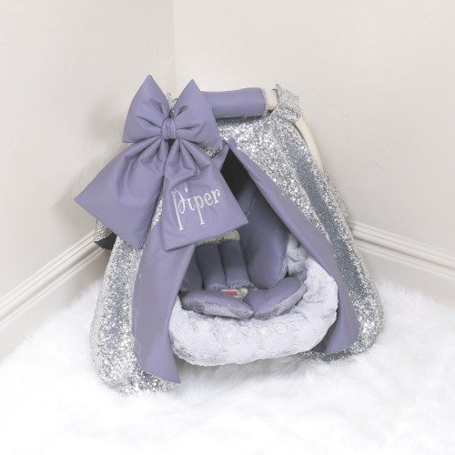Silver sparkle Baby Girl Car Seat Accessories - Silver Personalized Embroidery - Gift for Newborn - Car Seat Cover & Insert Cushions