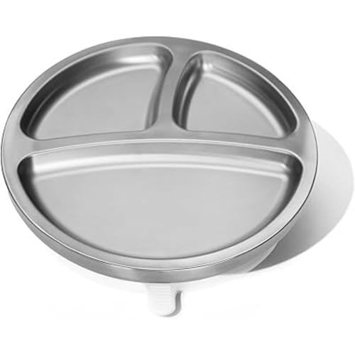 Avanchy Baby Plates with Suction – Stainless Steel Divided Plates for Toddlers, BPA-Free, Dishwasher Safe, Unbreakable, Non-Toxic, 100% Silicone Suction – White
