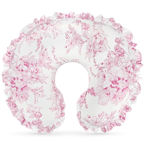 DILIMI Nursing Pillow Cover, Removable Ruffled Pillowcase for Breastfeeding Pillows, Ultra Soft Comfortable Slipcover for Baby Girl and Boy, Pink Floral