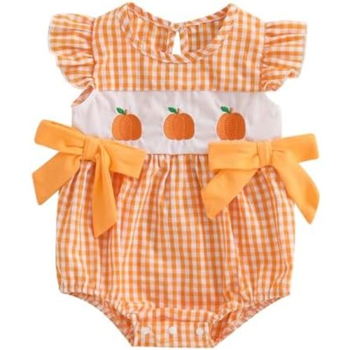 KMBANGI Infant Newborn Baby Girl Pumpkin Smocked Romper Flutter Sleeve Plaid Bow Onesie Bodysuit Baby Halloween Clothes 0-18M