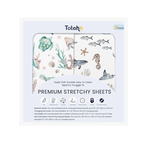 TotAha Crib Sheets for Boys Girls, Premium Soft Crib Mattress Fitted Sheet, Super Stretchy Jersey Knit Baby Sheets, Silky Comfort Baby Bed Sheets 28x52x9 Extra Deep Pocket, 2 Pack (Sea Animal)