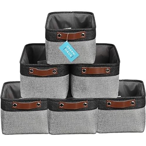 OrganiHaus Small Fabric Storage Baskets for Shelves 6 Pack, 12x8in Closet Storage Bins for Shelves, Cloth Baskets for Organizing, Linen Closet Organizers, Fabric Basket, Gray/Black