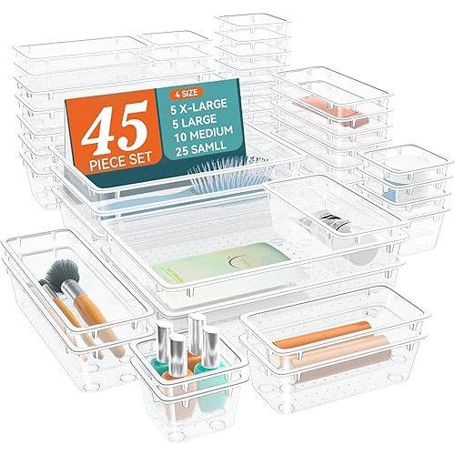 45 PCS Clear Plastic Drawer Organizers Set, 4-Size Versatile Bathroom and Vanity Drawer Organizer Trays, Storage Bins for Makeup, Bedroom, Kitchen Gadgets Utensils and Office