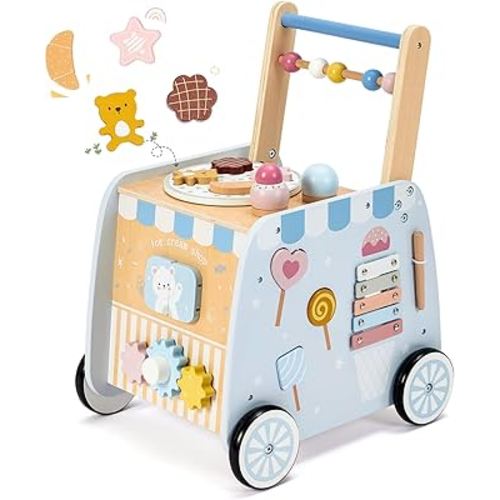 Frogprin Wooden Baby Walker, Multifunctional Ice Cream Cart, Push Walker with Wheels, Montessori Walker Toy with Activity Center, Pretend Playset Ideal for Toddlers, Boys and Girls Ages 12M+