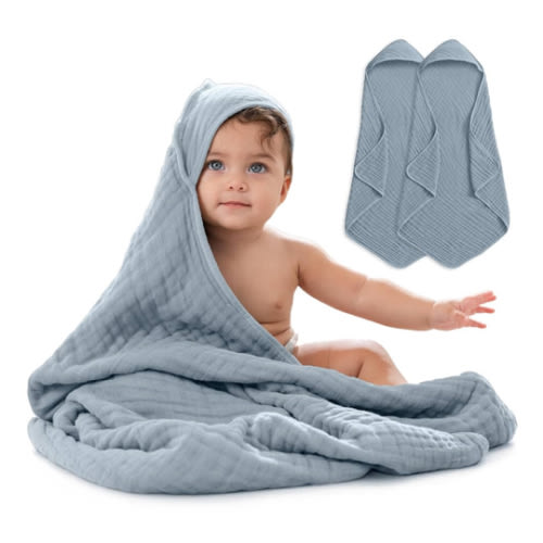 Comfy Cubs Hooded Baby Towel 2-Pack, Large 32 x 32 Inch - 6 Layer 100% Muslin Cotton for Babies, Toddlers and Kids - Soft & Absorbent Baby Bath Towels - Unisex Design for Bath Time - Sage