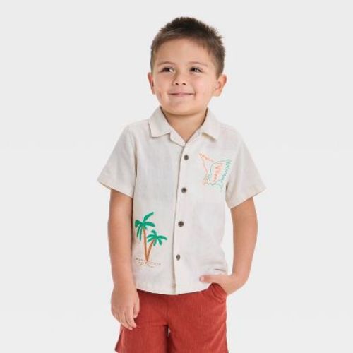 Toddler Boys' Embroidered Tropical T-Shirt - Cat & Jack™ Cream 18M: Bird Pattern, Button Down