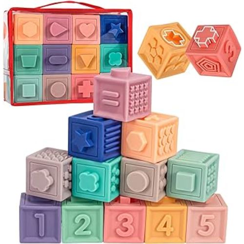 SpringFlower Baby Soft Stacking Blocks, Baby Toys for 0 6 9 12 Months, Baby Teething Building Blocks, Educational Sensory Toys Gifts for Toddlers 1-3, 12pcs