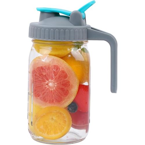 Mason Jar Pitcher 32 Oz Wide Mouth With Handle And Pour Spout Lids, Leak Proof 1 Quart Glass Pitchers With Flip Cap Airtight Water Jug For Cold Brew Coffee Sun Tea Lemonade Milk