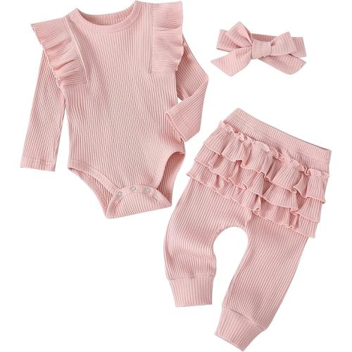 Fullfamous Baby Girl's 3pc Rib Frill Long Sleeve Romper and Pant Set