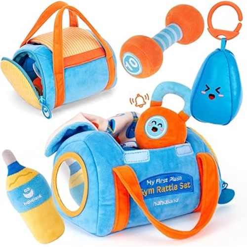 hahaland Baby Toys 6-12 Months - Baby Toys 3-6 Months Montessori Toy for 6 Month Old, Sensory Toy for Babies Workout Weights Dumbbell Toy Set with Soft Rattles Mirror, Babies Girl Boy Gifts