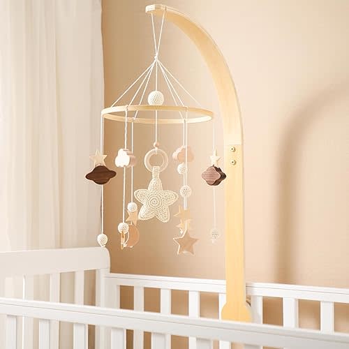 Baby Crib Mobile with Arm Boho Star Moon Nursery Mobile Set Wooden Baby Mobile Holder for Hanging Nursery Decor Ceiling Mobile