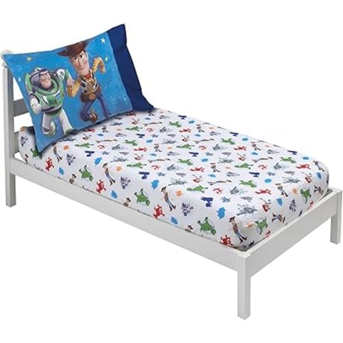 Disney Toy Story 4 - Blue, Green, Red & White 2 Pack Toddler Fitted Crib Sheet & Standard Size Pillowcase Set, Blue, Green, Red, White