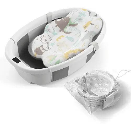 Collapsible Baby Bathtub, with Soft Cushion & Thermometer, 0-36 Months Newborn Bathtub, Portable Travel Baby Tub, Grey