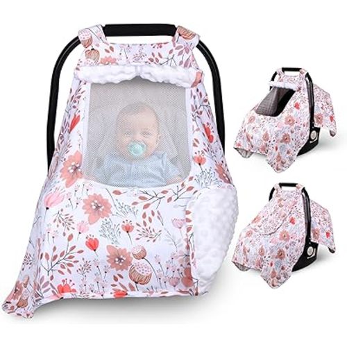 Car Seat Cover Baby, Carseat Covers Baby with 2 Layers Breathable Zipper Windows, Windproof Infant Car Seat Cover, Kick-Proof Baby Carrier Cover for Baby Girl Newborn Essentials