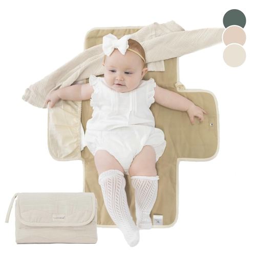 Toddlekind Mini Maven Portable Changing Pad – Organic Cotton & Water-Resistant Polyester – Travel-Friendly, Foldable Change Mat – Tofu Beige Stripes with Wave Stitching – Chic, Durable, Easy to Clean