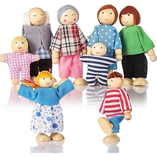 Wooden Doll House People of 8 Figures, Dolls Family Set for Girls Toddler Kids Dollhouse Accessories Toy