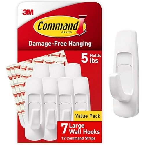 Command Large Utility Hooks, 7-Hooks, 12-Strips, Organize Damage-Free