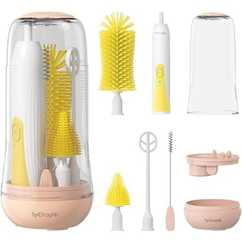 Electric Travel Baby Bottle Brush Set, Electric Bottle Brush Cleaner, Silicone Bottle, Nipple and Straw Brush, Stirring Disperser, Drainage Rack, Storage Box (Yellow)