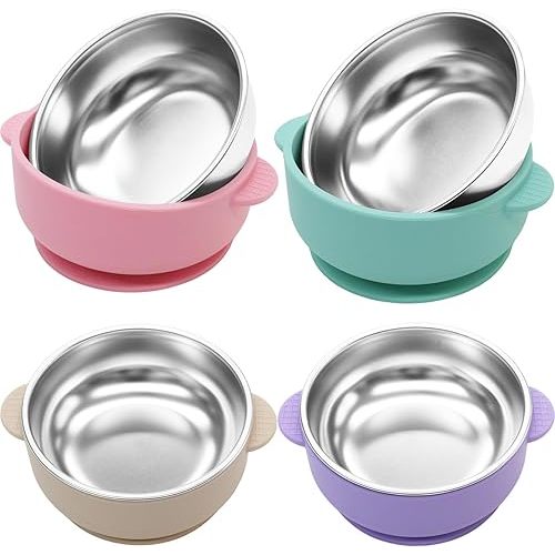 JVEOO 4 Pack Stainless Steel Baby Bowls with Suction, 2-in-1 SUS304 Toddlers Bowl & Removable Silicone Suction Kids Bowl Anti Scald Non Toxic Snack Container for Baby Food Feeding
