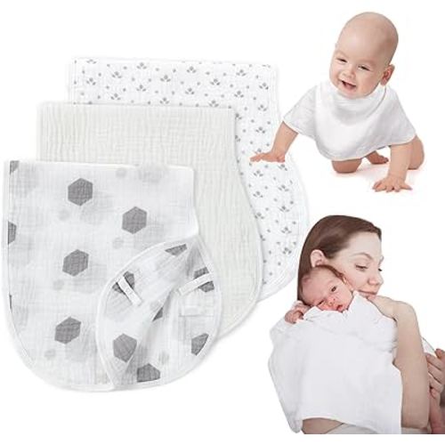 Muslin Burp Cloths with Snaps, Multi-Use Burpy Bib 100% Natural Cotton,Large 22"X11" Extra Absorbent Burping Cloth for Baby Girl & Boy, Grey & White