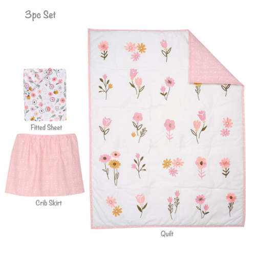 Little Garden 3-Piece Embroidered Floral Baby Crib Bedding Set – Lambs & Ivy