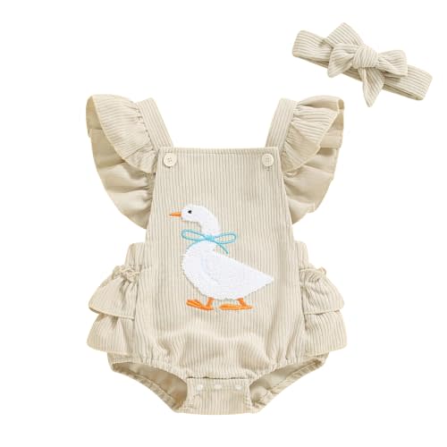 Newborn Western Clothes Chicken/Goose/Duck Print Romper Ruffle Sleeveless Bodysuit with Headband Baby Farm Outfit