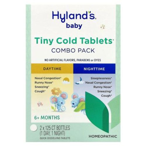 Hyland's Naturals Baby, Tiny Cold Tablets Combo Pack, Daytime/Nighttime, 6+ Months, 2 Bottles, 125 Quick-Dissolving Tablets Each