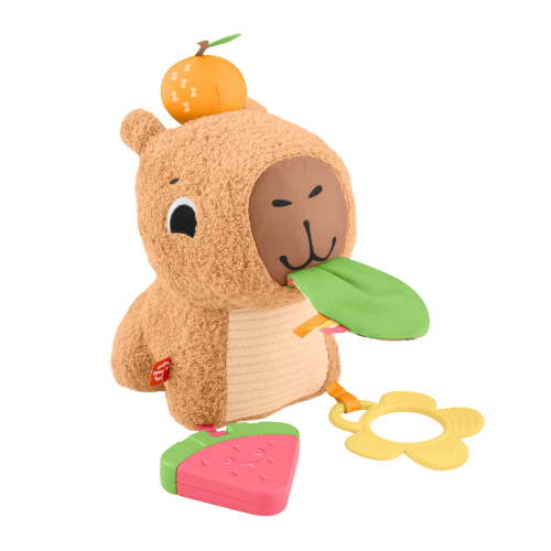 Fisher-Price Snuggly Snacky Capybara Plush Baby Sensory Toy with Teether Rattle for Newborns