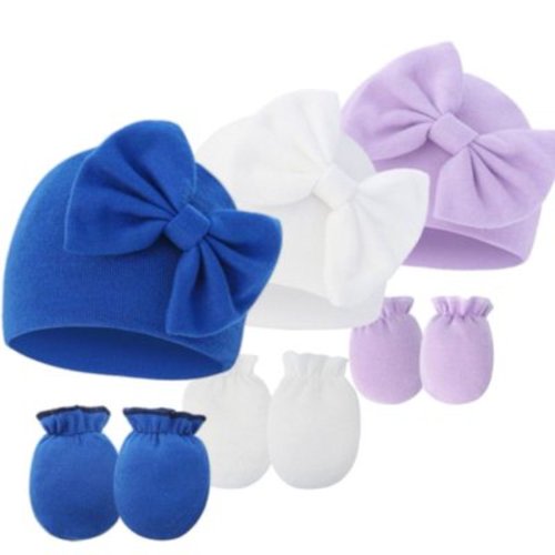 3 Pack Newborn Baby Hospital Hats Beanie Bow Infant Caps Baby Mittens Set for 0-6 Months
