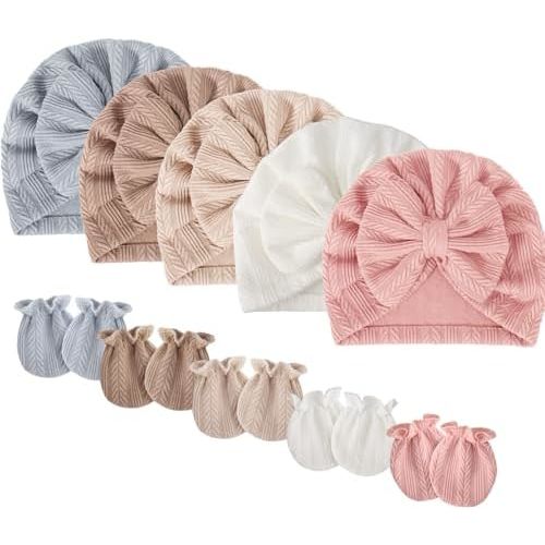 BQUBO Baby Turban Hats Mittens Set Baby Beanie Caps Infant Baby Hat with Bows No Scratch Mittens for Baby Girls Boys