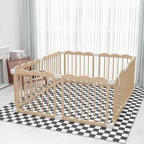 Baby Playpen, Wooden Playpen for Babies and Toddlers, Large Adjustable Wooden Baby Playard with Locking Gate, Easy to Assemble, Portable Play Pen, Infant Play Pen Play Area(47x62x24 Inch)