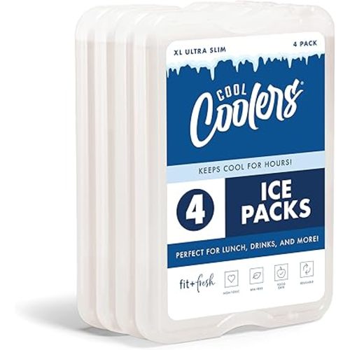 Cool Coolers by Fit & Fresh 4 Pack XL Slim Ice Packs, Quick Freeze Space Saving Reusable Ice Packs for Lunch Boxes or Coolers