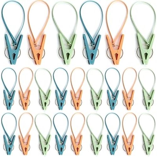 24 Pack Clothes Pins Clothes Peg Clip Pins with Plastic Rope for Clothesline Multicolor Drying Clothing Clips Hooks Windproof Clothes Hanger for Hanging Socks Hats Pants Bras Underwears Towel Photo