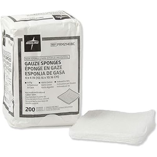 Medline 4 x 4 inch Gauze Sponges, 100% Cotton, 8-Ply Woven Non-Sterile Gauze (Pack of 200)