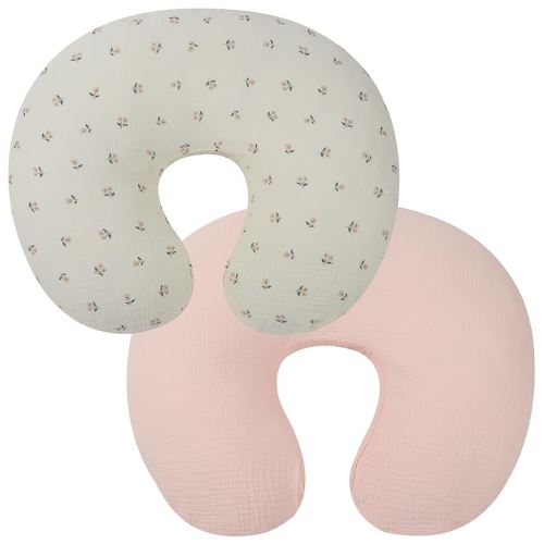 Onacosht Muslin Nursing Pillow Cover Ultra Soft Breastfeeding Pillow Covers for Baby Boy and Girl, 2 Pack, Floral and Light Pink