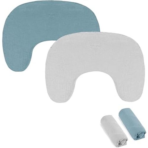 Hooyax Muslin New Nursing Pillow Covers 2 Pack, Soft and Breathable Nursing Covers for New-Designed Breastfeeding Pillows, Adorable Infant Feeding Pillow Slipcover for Baby Boy and Girls (Blue Grey)