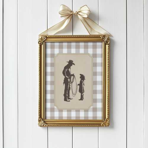 Cowboy Father Daughter Art, Western Cowboy Nursery Print, Beige Gingham Printable, Rustic Country Wall Poster, Western Family Home Decor