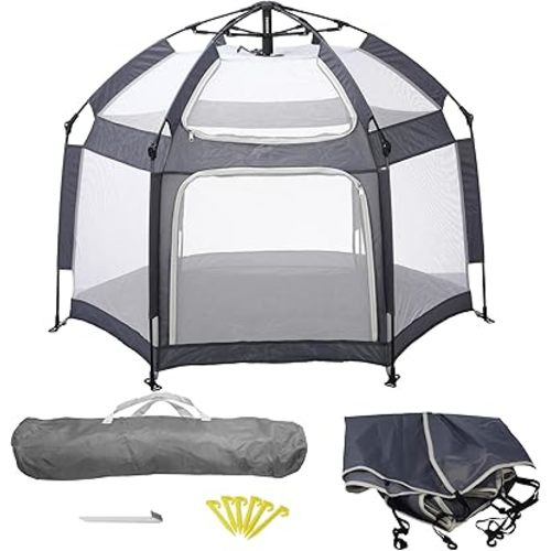 Baby Playpen, Portable Baby Playpen with UPF50+ Canopy, 1-Second Setup, Foldable Play Yard for Indoor/Outdoor Use, Kids Tent for Beach Camping Travel - Includes Travel Bag & Safety Stakes(Gray)