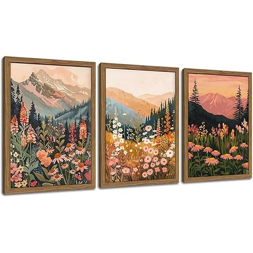 Boho Colorful Landscape wall art Wildflower Mountain Wall Decor Vintage Floral Forest Paintings Rustic Nature Pictures Canvas Prints for Living Room Bedroom Dining Room 12x16 Inch Wood Framed
