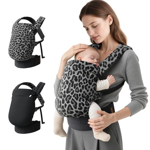 Reversible Baby Carrier – Black Solid & Leopard Print; Lightweight, Cooling & Breathable Lyocell Fabric; Ergonomic Lumbar Support and Quick Hands-Free Wear for Newborn to Toddler (7–44 lbs)