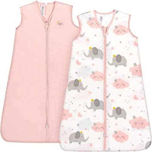 TILLYOU Sleep Sack 0-6 Months - 0.5 TOG Summer Sleep Sacks with 2-Way Zipper, Lightweight Cotton Baby Sleepsack 2 Pack, Pink Elephant & Cloud